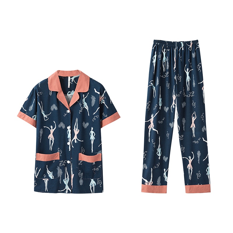 乌拉拉夏季短袖睡衣棉质简约清新韩版开衫长裤女可外穿家居服套装