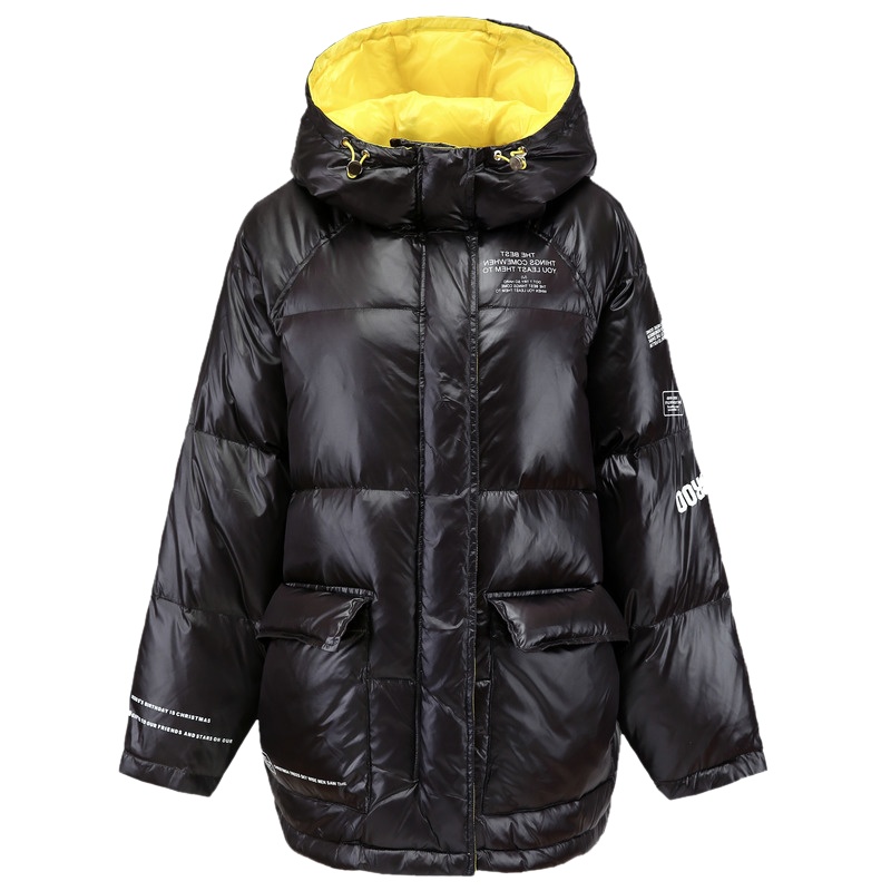 高梵亮面短款羽绒服女2019新款时尚面包服撞色冬季白鸭绒保暖外套