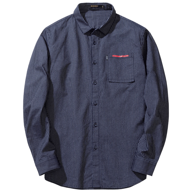 千纸鹤男装纯棉寸衣2019秋青年时尚条纹修身长袖衬衫男10127