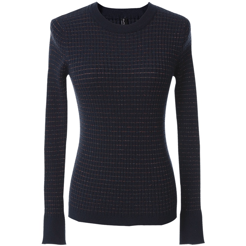 欧昵雪秋季时尚套头圆领修身亮丝针织衫女长袖打底衫上衣