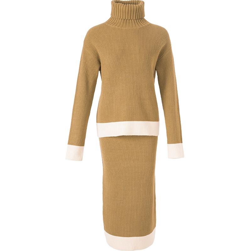 晚白2021春季新品时尚两件套高领针织衫包臀半裙半身裙针织套装女