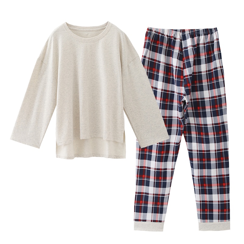 都市丽人简约不规则落肩长袖薄款宽松女士睡衣家居服套装2H8214