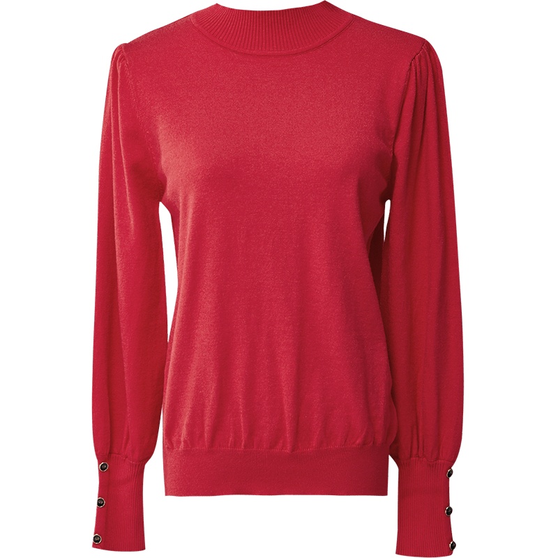 欧昵雪秋冬后背纽扣装饰半高领套头毛衣女长袖宽松针织衫