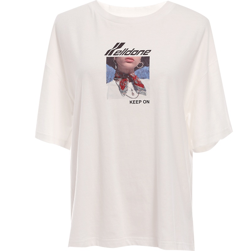 欧昵雪韩版时尚人物字母印花宽松圆领白色T恤女短袖