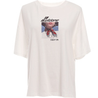 欧昵雪韩版时尚人物字母印花宽松圆领白色T恤女短袖