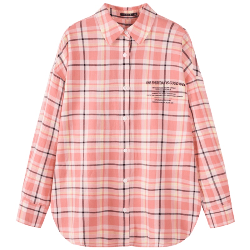 【满198减100预估价：60】森马格子衬衫女复古港味2021春装宽松纯棉印花女士方领上衣外套蓝