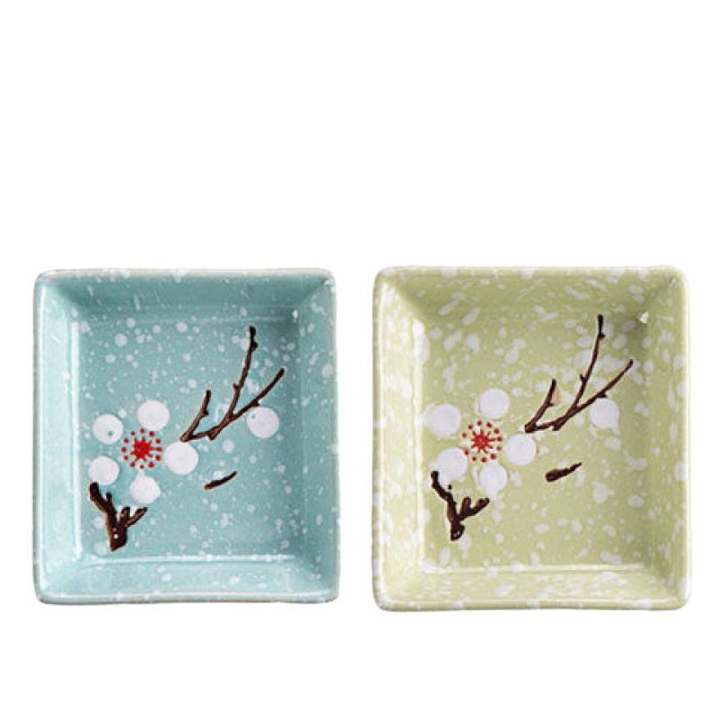 雪花陶瓷小碟子日式餐具醋碟家用酱油调味碟蘸料碟小吃盘子 【蓝+绿】4个装 梅花