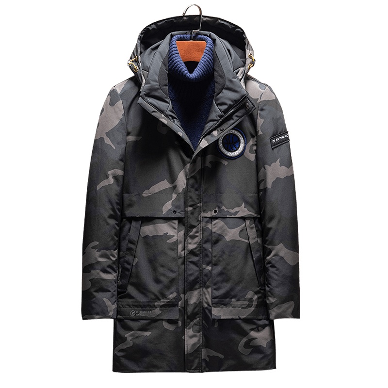 雅鹿男装90白鸭绒中长款连帽迷彩服舒适保暖男士羽绒服外套14116015