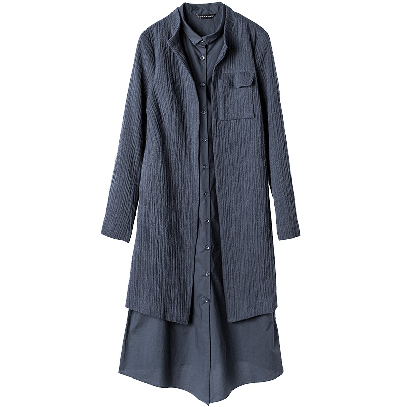 sdeer圣迪奥2018秋装简约肌理棉麻拼接假两件风衣外套S17181801