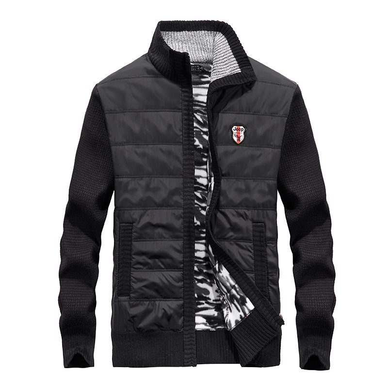 JEEP/吉普冬装新款开衫拼接毛衣男外套加绒加厚保暖针织衫毛衣夹克加绒外套男士外套19MB562SW9055