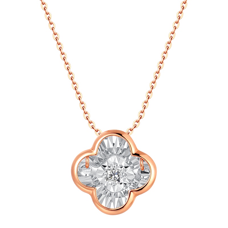 金至福 18K金钻石项链女锁骨链吊坠灵动小清新四叶草时尚轻奢送女友礼物纪念日刻字