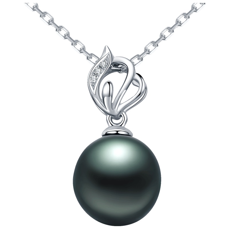 brir 佰色传情 正圆9-10mm大溪地黑海水珍珠吊坠正品女18k金钻石
