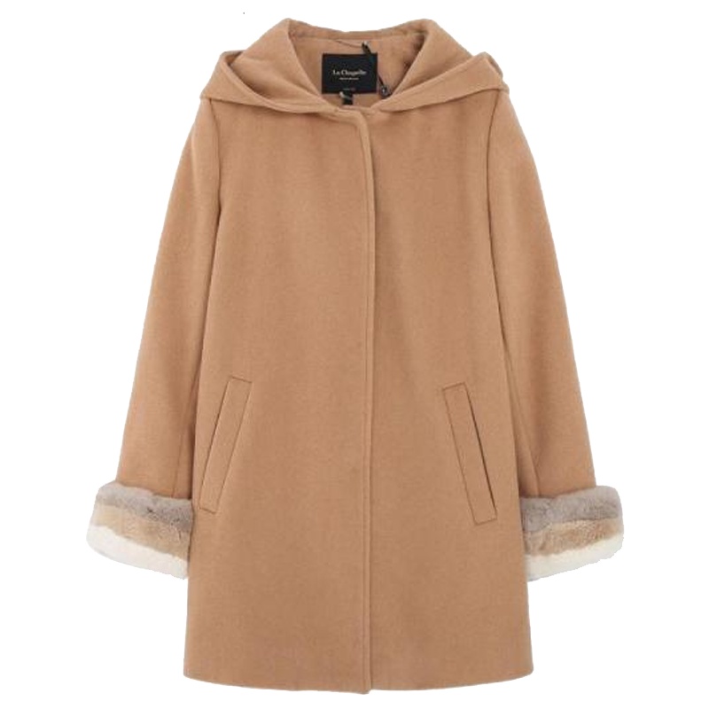拉夏贝尔羊毛毛呢外套女冬季宽松学院行连帽呢子大衣10017972