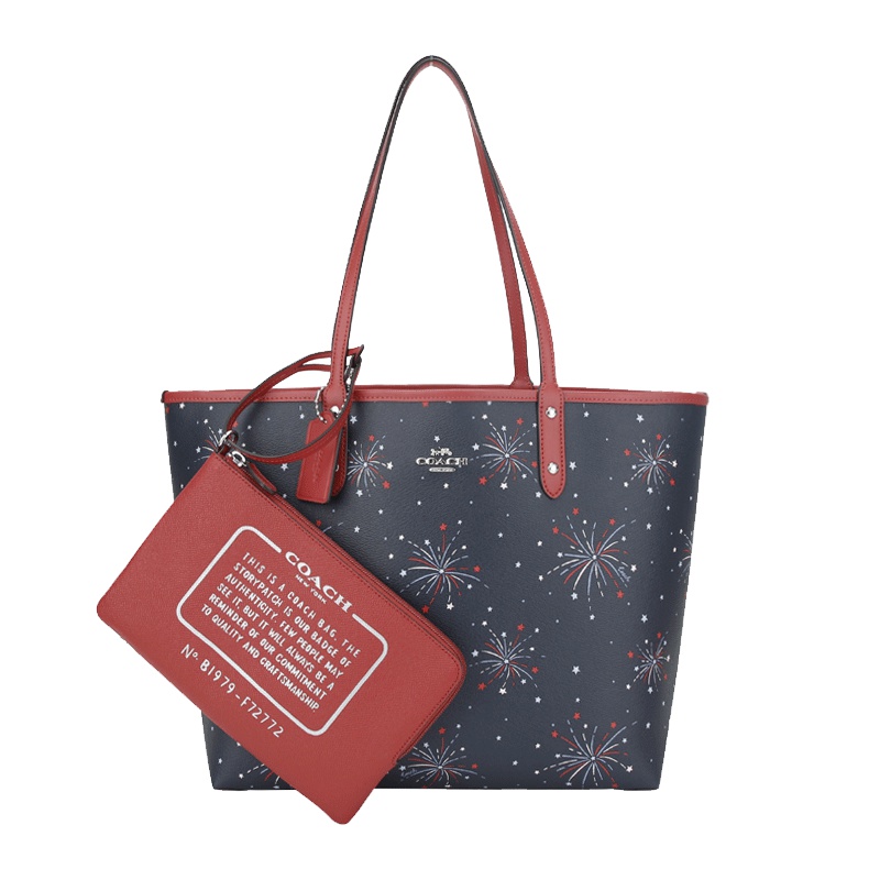 COACH 蔻驰 奢侈品 女士藏青色皮革手提单肩双面托特包