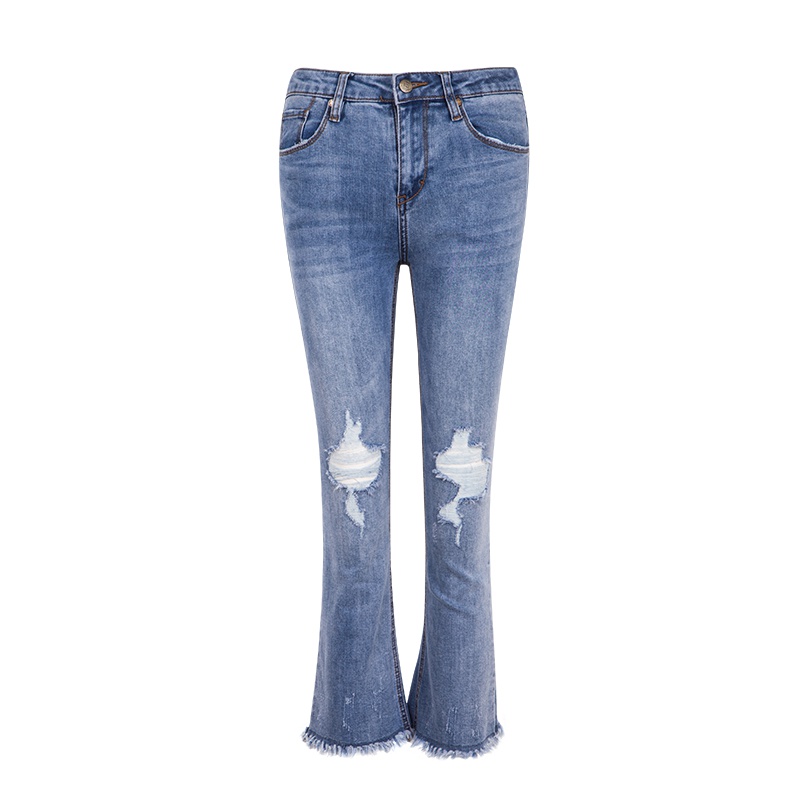 晚白女裤装 新款流苏边裤脚修身洗水破洞休闲裤牛仔裤长裤