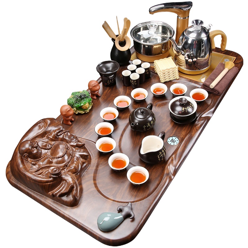 三维工匠功夫茶具套装家用茶杯台整套紫砂陶瓷电磁炉一体茶盘茶道壶全自动 23双龙戏珠青瓷石墨茶具 30件