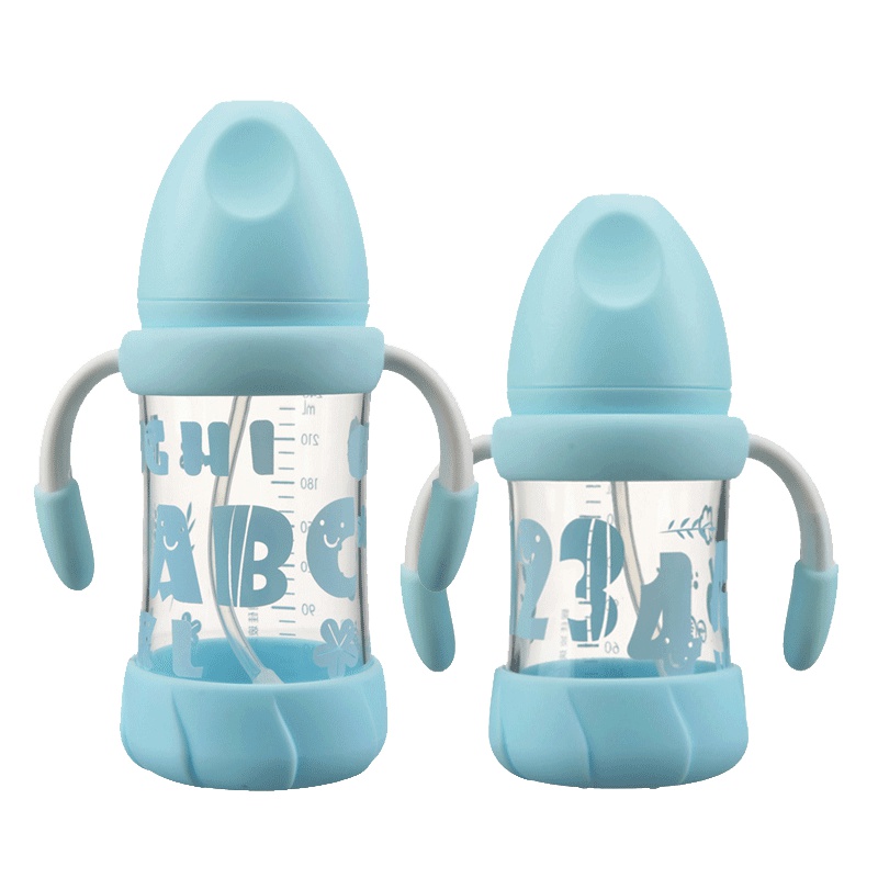 日康奶瓶 玻璃 初生婴儿宽口径儿童宝宝吸管奶瓶 蓝色