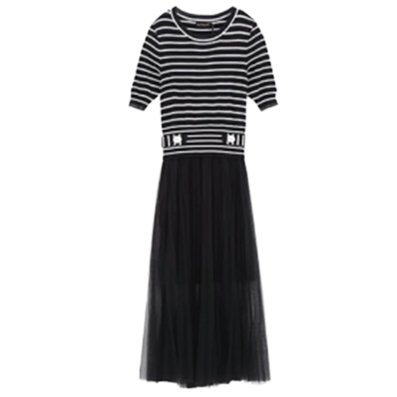 【专柜同款】拉夏贝尔秋冬季新款韩版网纱显瘦假两件针织衫连衣裙女10018211