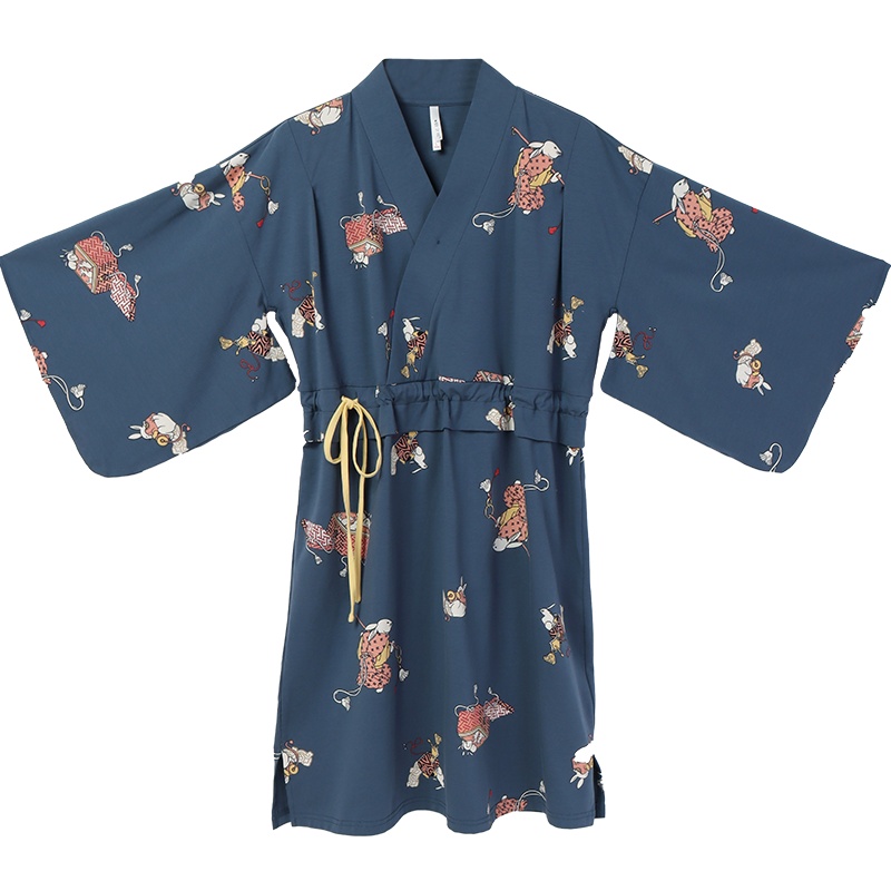 安之伴睡衣女和服款卡通可爱开衫睡裙可外穿女士睡裙 灰兰 S