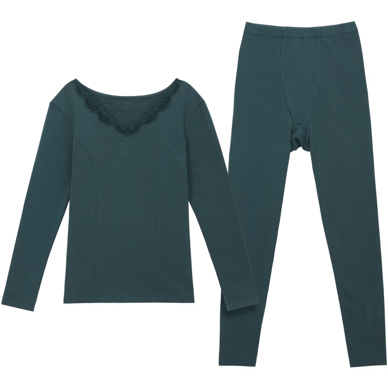 爱帝秋冬女士中厚款舒肤棉蕾丝圆领保暖防寒内衣套装