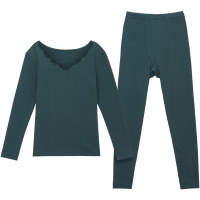 爱帝秋冬女士中厚款舒肤棉蕾丝圆领保暖防寒内衣套装