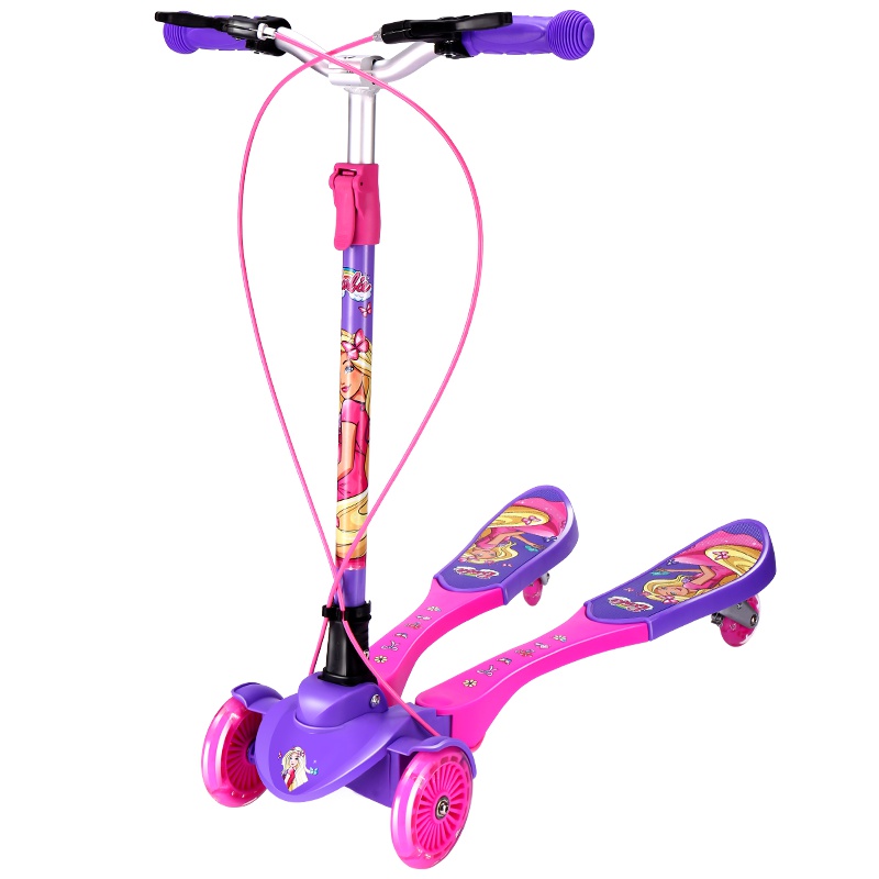 芭比(Barbie)儿童滑板车 一键折叠双手刹三挡可调节四轮全闪滑板蛙式滑滑车 粉紫色 女童版