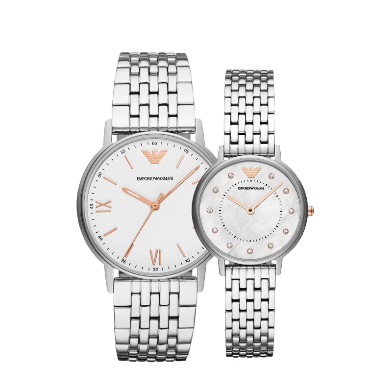 正品意大阿玛尼手表EMPORIO ARMANI钢质表带时尚休闲男女套盒 防水石英情侣对表送礼AR80014AR80015
