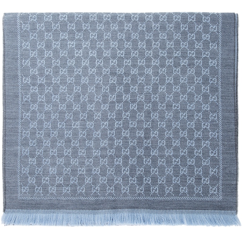 GUCCI 古驰围巾 女士时尚双G提花流苏边羊毛围巾 灰色浅蓝拼色411115 3G200 1369