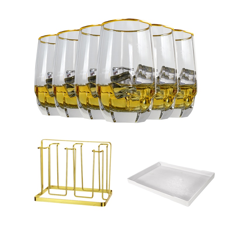 ocean进口无铅玻璃杯水杯牛奶饮料果汁茶杯子ins风杯金边杯6只高杯配水杯架配托盘套装组合