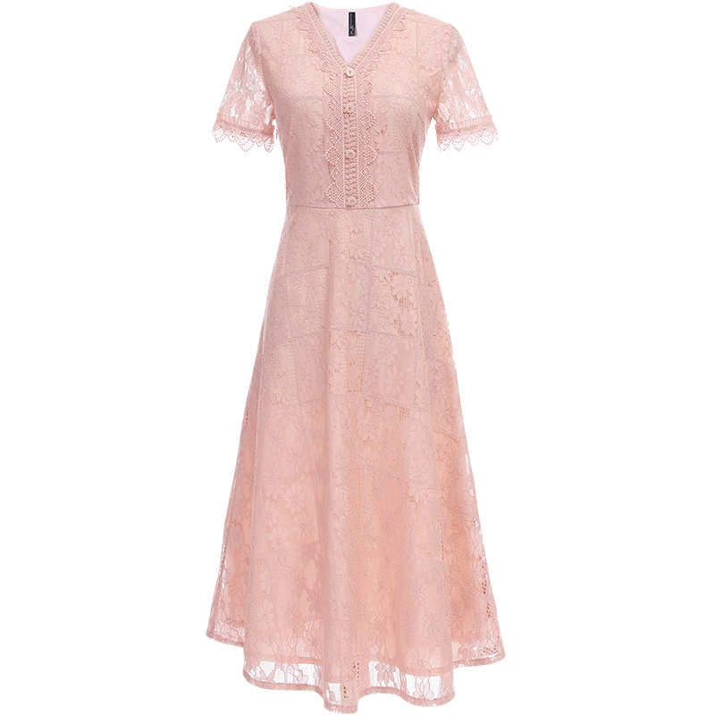 欧昵雪夏季淑女V领显瘦收腰蕾丝连衣裙女花边短袖a字裙子