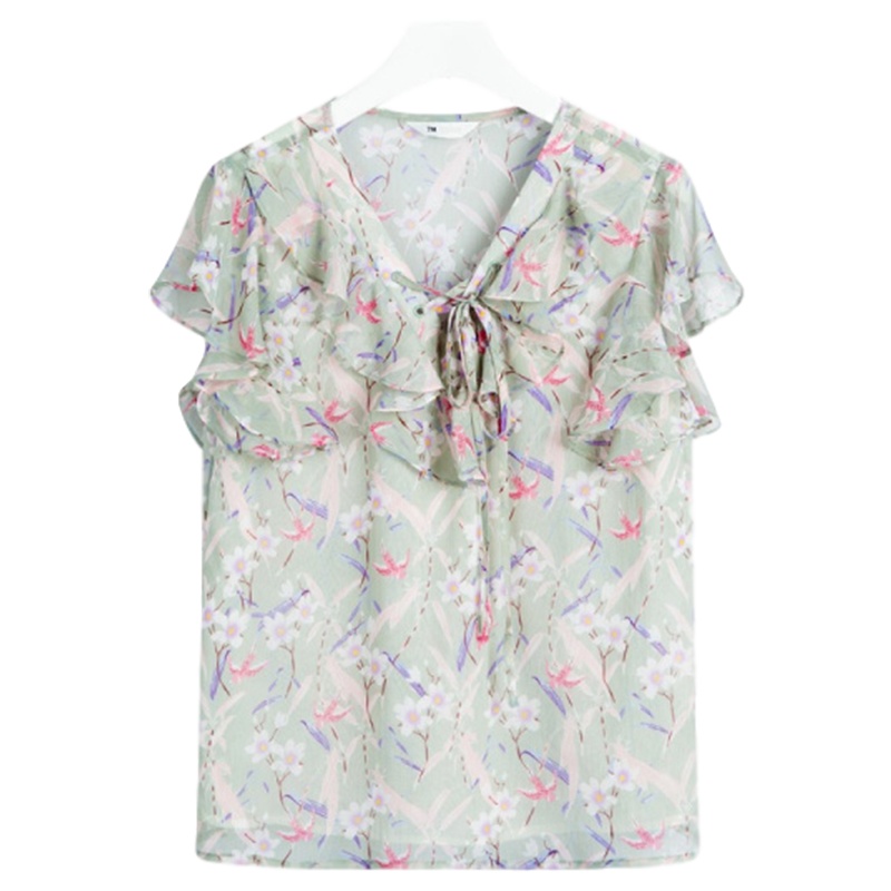 【专柜同款】拉夏贝尔夏季新款印花碎花绑带甜美瘦荷叶边v领雪纺衬衫70011047 印花混色 S