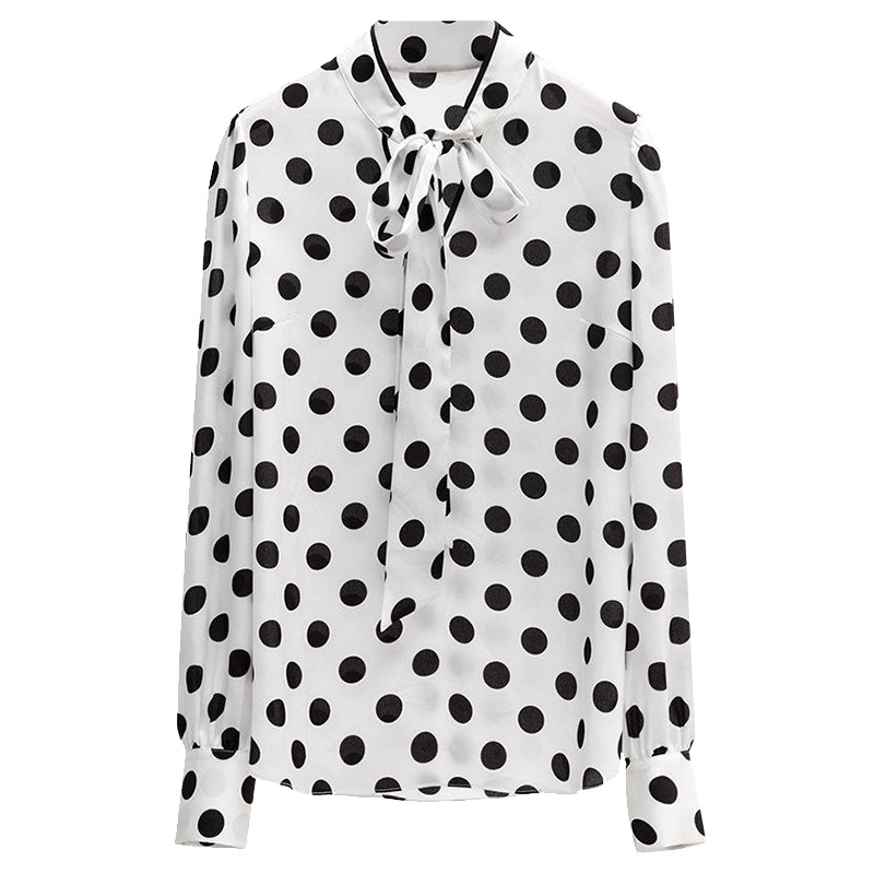 上新拉夏贝尔波点气质衬衫女装长袖春季蝴蝶结系带V领上衣雪纺衬衣女10018361