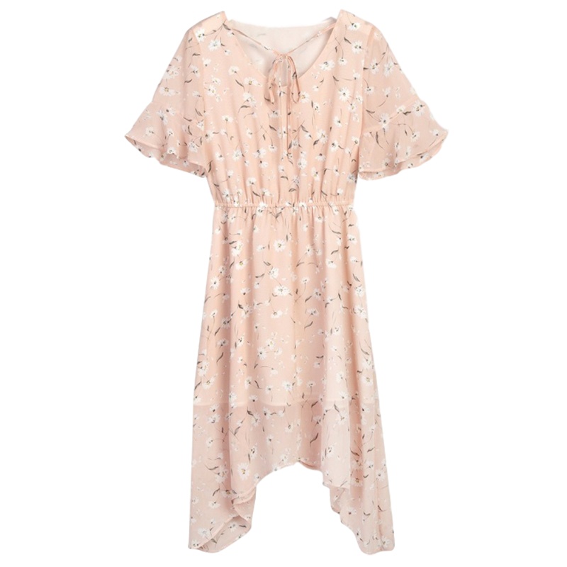 拉夏贝尔短袖雪纺碎花连衣裙新款女装夏季气质收腰A字中长裙