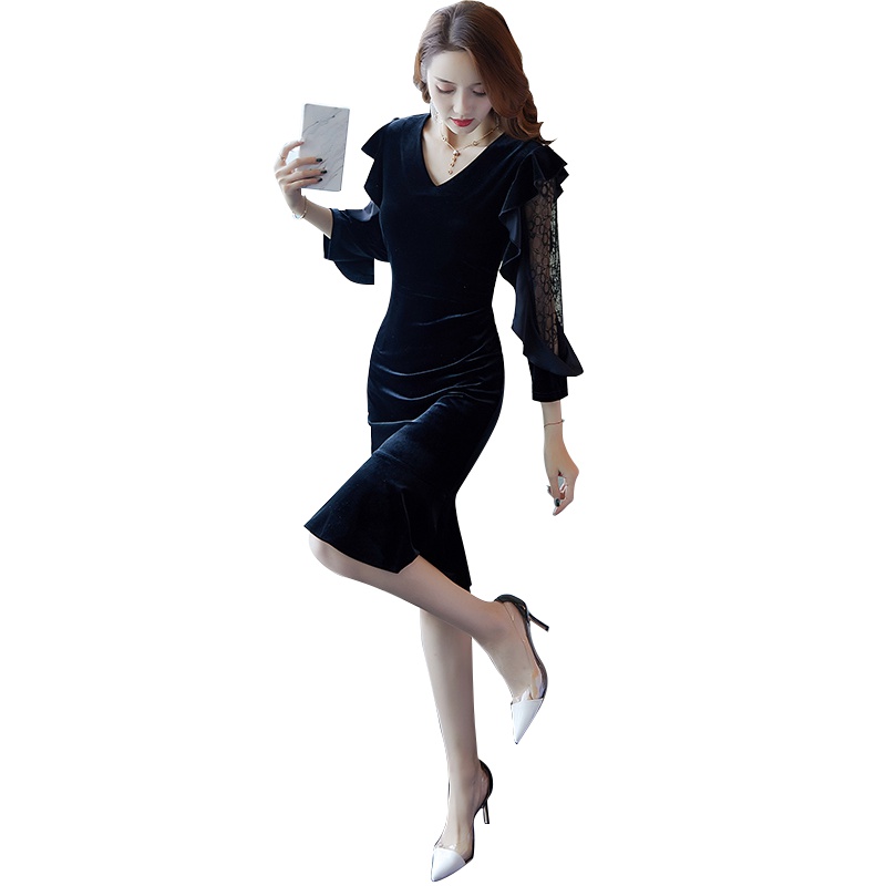 丝柏舍2019秋装女纯色V领蕾丝袖修身中款鱼尾连衣裙S93B4656L