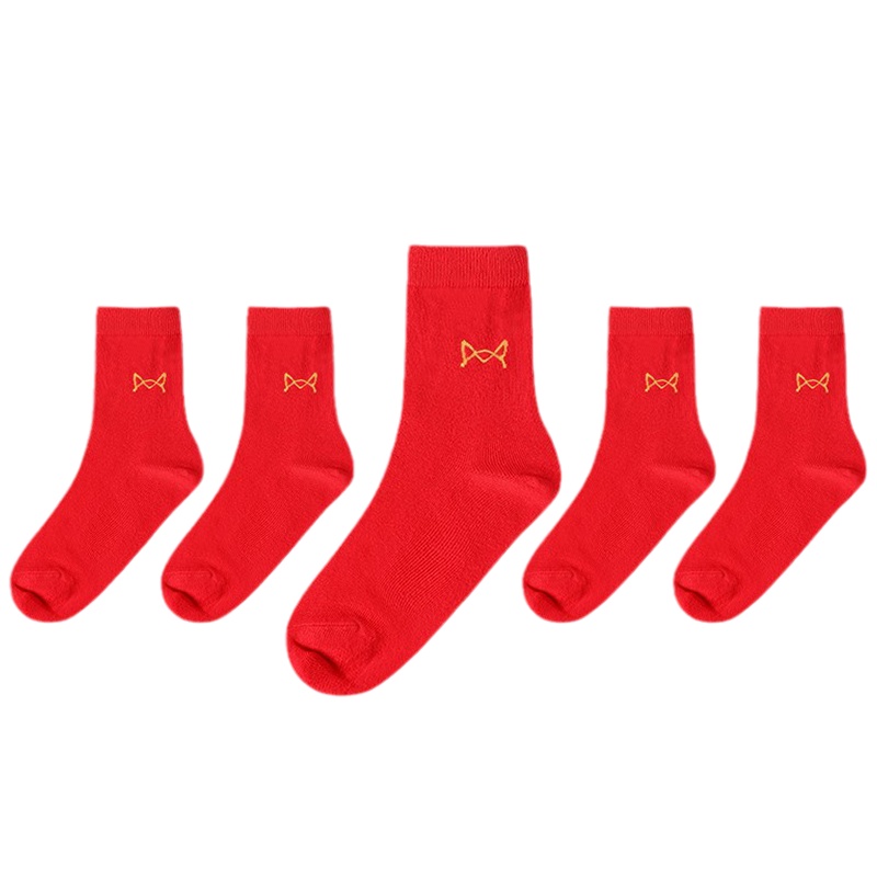 猫人5双装袜子男秋冬中筒袜纯色透气棉袜男士本命年袜情侣红色袜