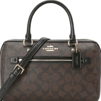 COACH 蔻驰女包 Rowan 波士顿包 单肩包 斜挎包 手提包 字母马车标织物F83607金扣