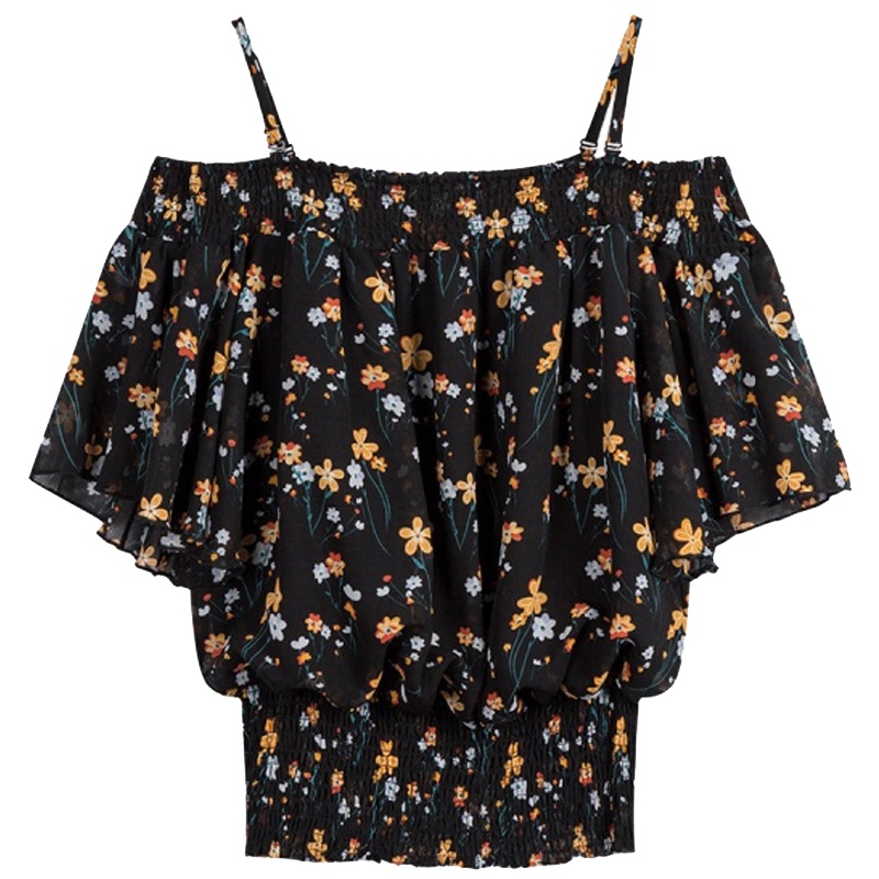 拉夏贝尔夏新款韩版百搭一字领荷叶袖短袖印花雪纺衫 印花混色 S