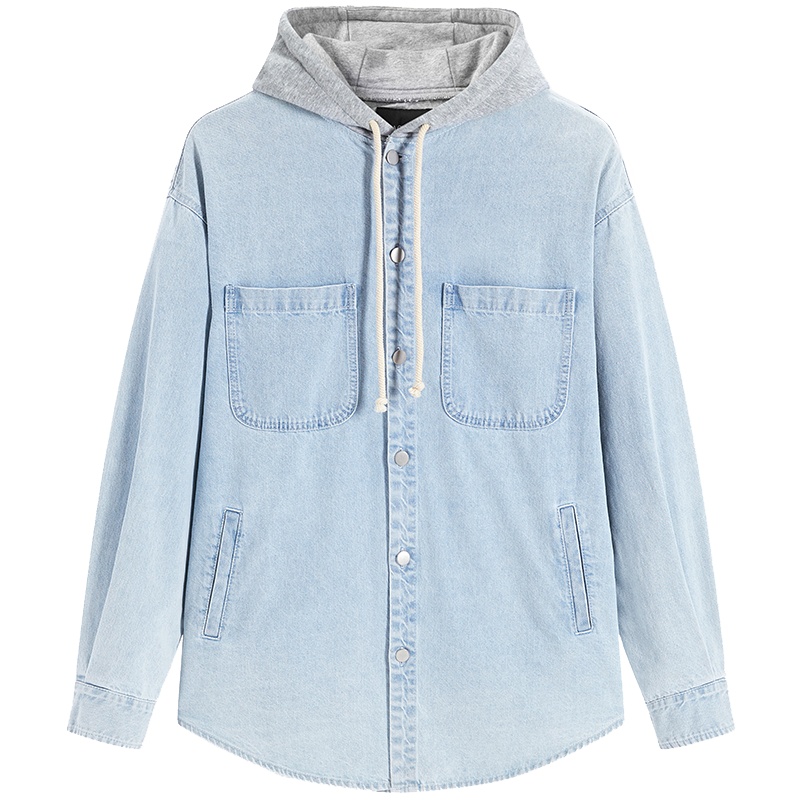 太平鸟男装 2019秋季新款连帽牛仔茄克韩版宽松长袖休闲外套潮#