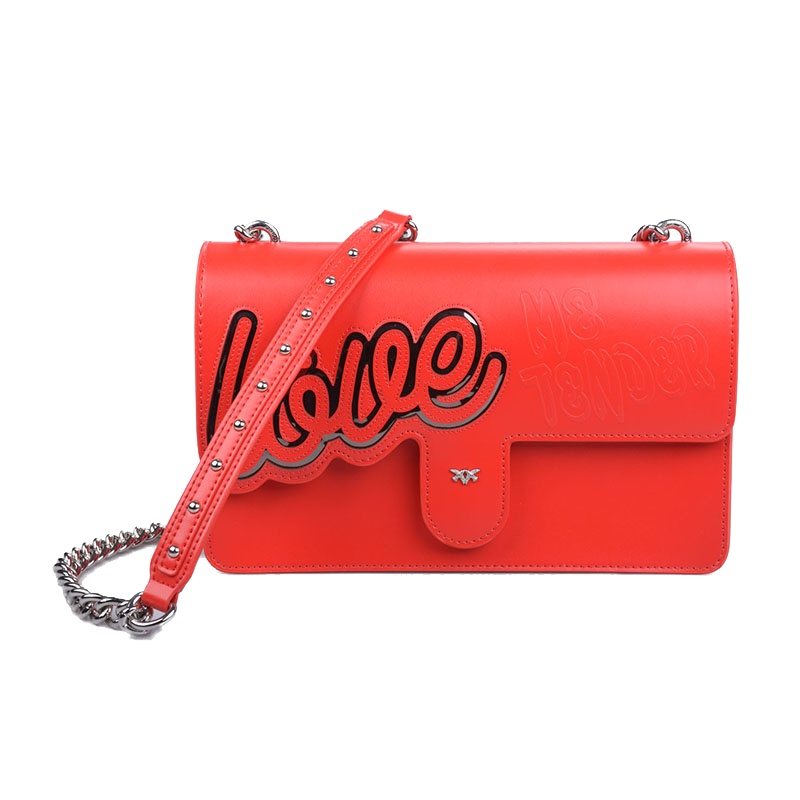 PINKO新款红色LOVE ME镶嵌装饰飞鸟燕子链条单肩包（大）1P21ADY5F2R24