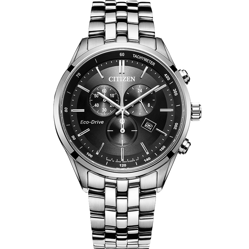 西铁城(CITIZEN)手表男日本时尚光动能大盘黑色三眼计时多功能蓝宝石玻璃镜面防水商务休闲男表 AT2140-55E
