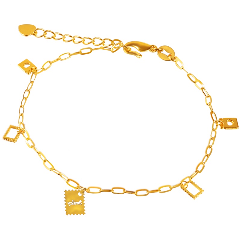 黄金码头5G足金微笑心方框手链黄金999可调节链子女送女友送爱人