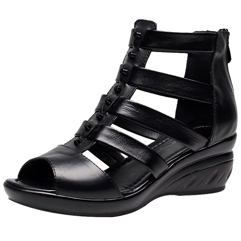 [头层牛皮]2020夏季真皮凉鞋 女坡跟女鞋女士中跟粗跟女中跟(3-5厘米)妈妈鞋鱼嘴40-50岁中老年豆乐奇软面皮