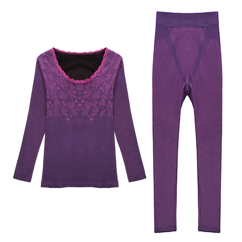 俞兆林双层加绒加厚保暖内衣女细密短绒圆领修身打底中年内衣套装