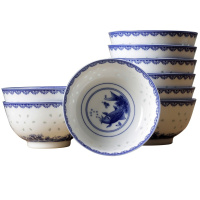 LICHEN 景德镇青花玲珑陶瓷碗 釉中彩陶瓷器饭碗 年年有鱼直口碗4.5英寸饭碗10个 微波炉适用