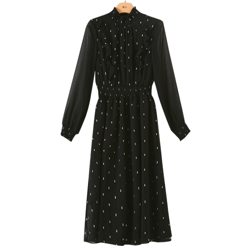 晚白2021春季新品淑女荷叶边立领长袖小碎花A字雪纺裙连衣裙女