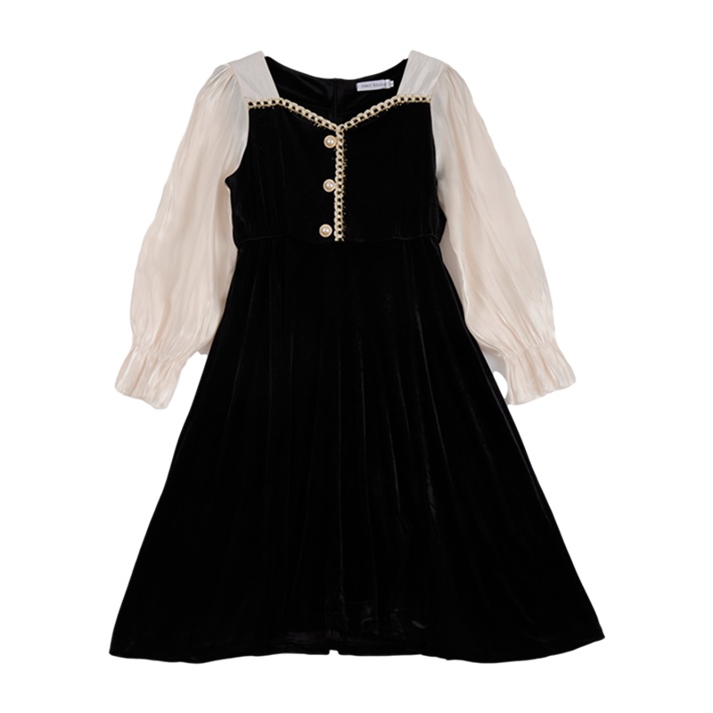 拉夏贝尔Laetia2021新款法国小众连衣裙春新款女装网纱拼接金丝绒