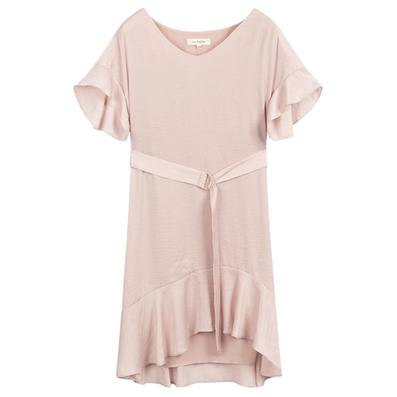 拉夏贝尔夏季新款V领荷叶边短袖高腰显瘦中长款鱼尾连衣裙_300 S 黑色