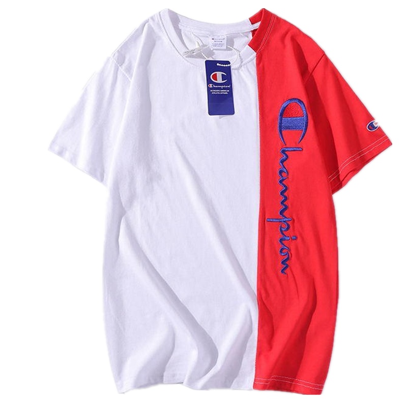 Champion冠军刺绣短袖T恤男女情侣装宽松潮牌上衣拼接大LOGO半袖打底