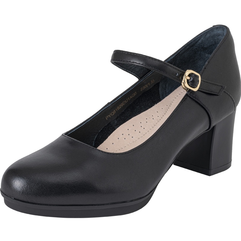 百田森春季商场同款粗跟职业鞋纯色真皮高跟一字扣正装鞋女