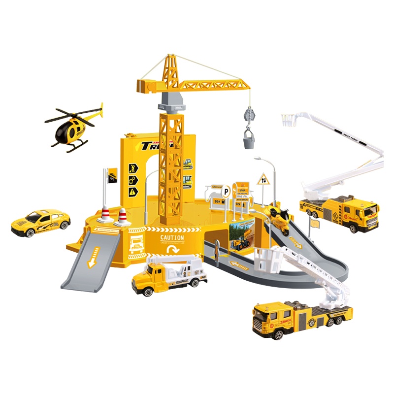 成乐美Q版停车场轨道电动套装合金车消防警察工程小火车男孩玩具(95577-15工程系列:大号停车场四车)